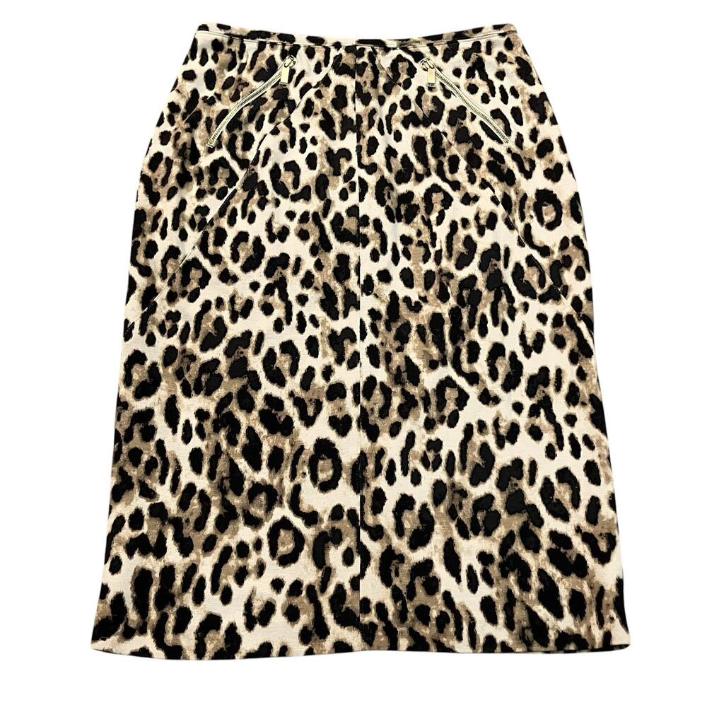 NEW Chicos Leopard Print Midi Skirt Small Ponte Knit Pencil Straight Career Tan